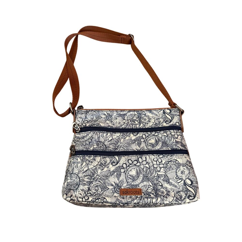 Sakroots Blue & White Floral Doodle Crossbody Bag Adjustable Strap Boho